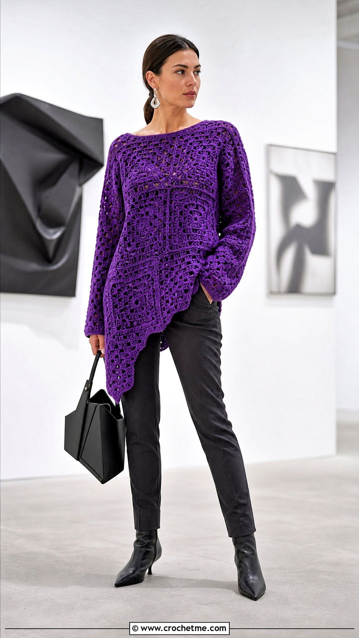 Asymmetric Granny Square Pullover With Slim Trousers - 35 granny square pullover outfit ideas