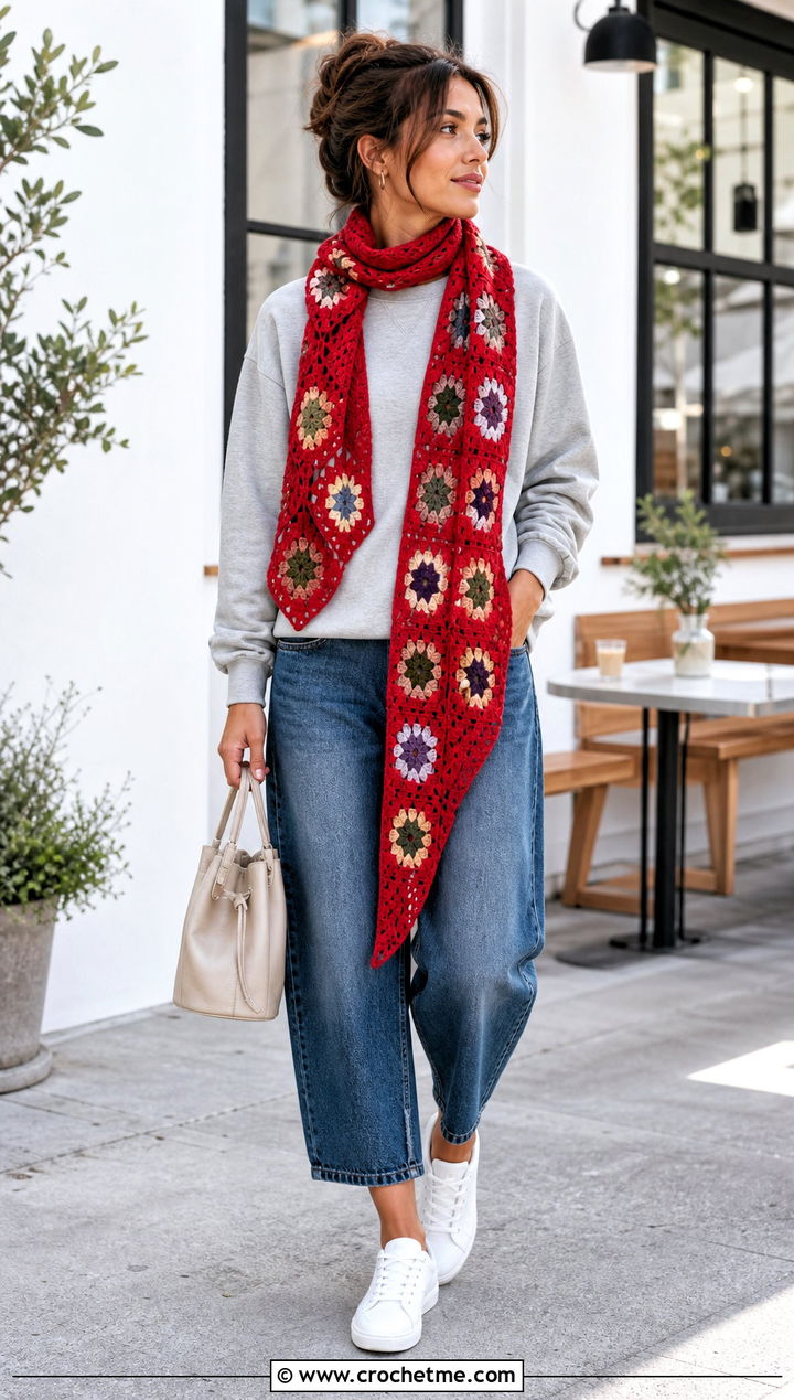 Asymmetric Granny Square Scarf With Sweatshirt And Barrel Jeans - 35 granny square crochet scarf outfit ideas
