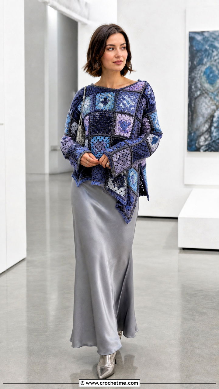 Asymmetric Granny Square Sweater With Bias Cut Maxi Skirt - 35 4 Granny Square Sweater outfit ideas