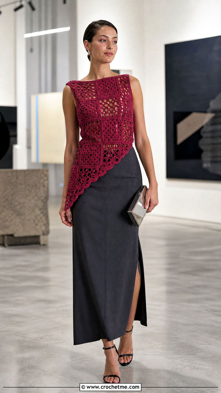 Asymmetric Granny Square Top With Tailored Maxi Skirt - 35 granny square tops outfit ideas