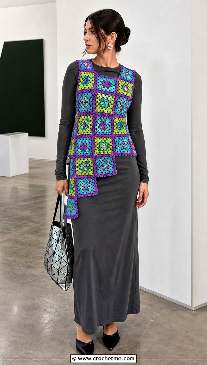 Asymmetric Granny Square Waistcoat With Maxi Skirt - 35 granny square waistcoat outfit ideas