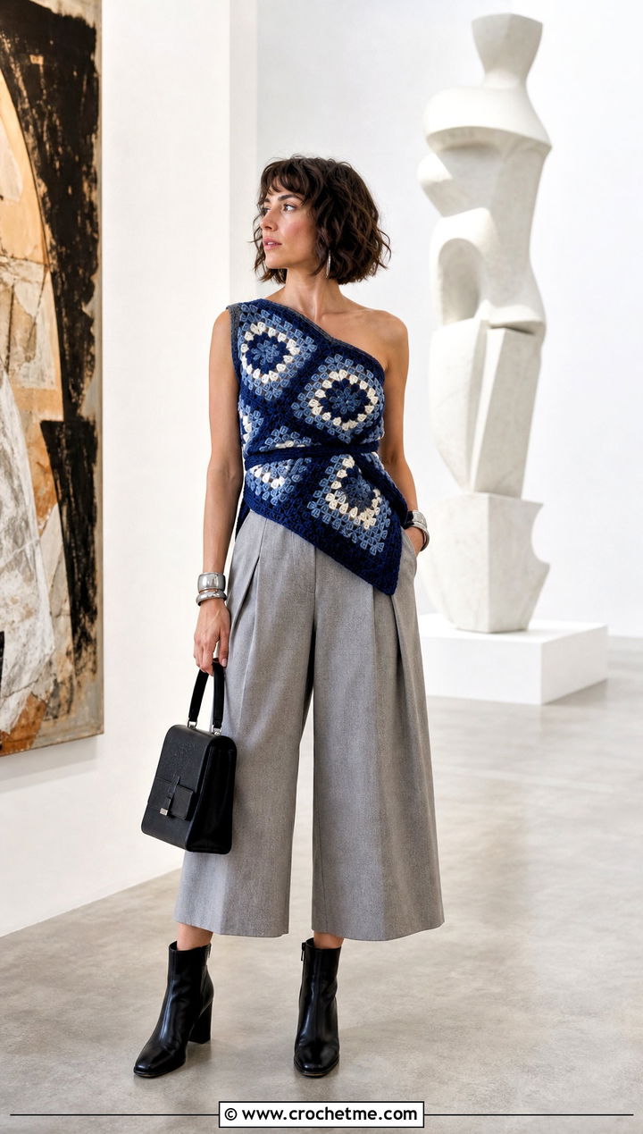 Asymmetric Granny Square Wrap Top With Culottes - 35 granny square wrap top outfit ideas