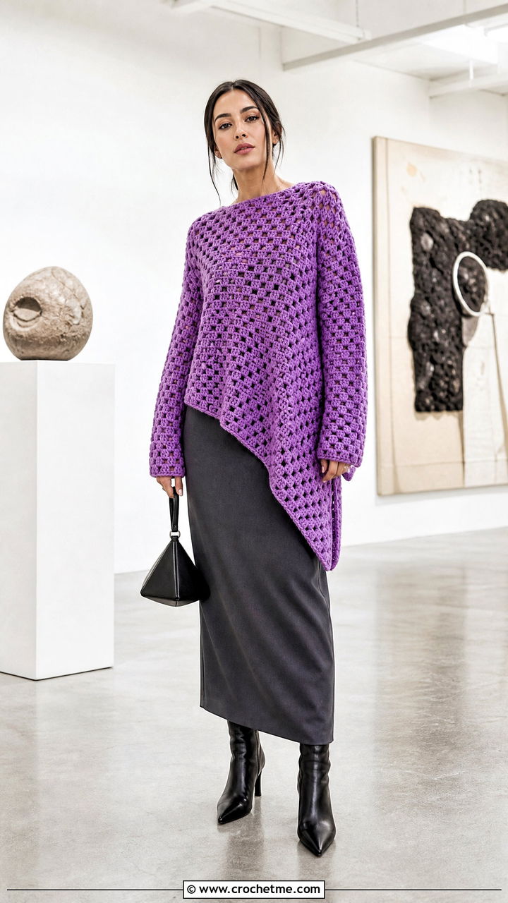 Asymmetric Granny Stitch Sweater With Column Skirt - 35 crochet granny stitch sweater outfit ideas