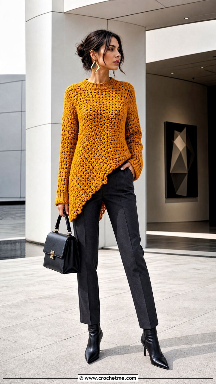 Asymmetric Hem Chunky Crochet Jumper With Slim Tailored Pants - 35 chunky crochet jumper outfit ideas