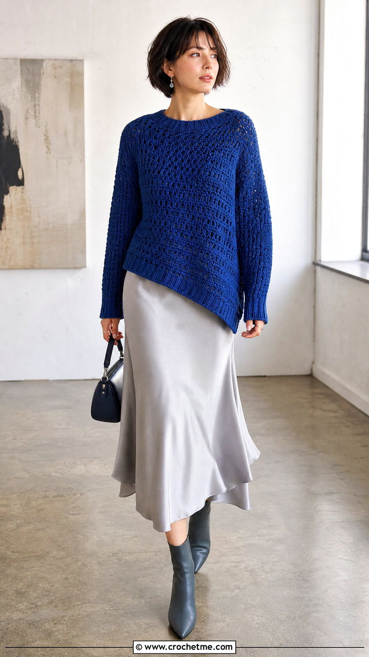 Asymmetric Hem Chunky Crochet Sweater With Bias Midi Skirt - 35 chunky crochet sweater outfit ideas