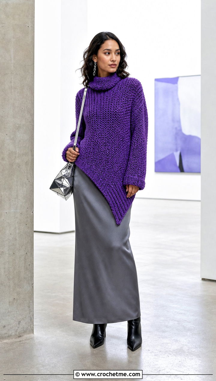 Asymmetric Hem Chunky Crochet Sweater With Column Maxi Skirt - 25 Easy Chunky Crochet Sweater outfit ideas