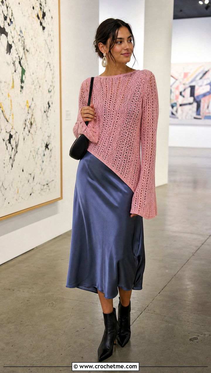 Asymmetric Hem Crochet Bell Sleeve Sweater With Slip Dress - 25 crochet bell sleeve sweater outfit ideas