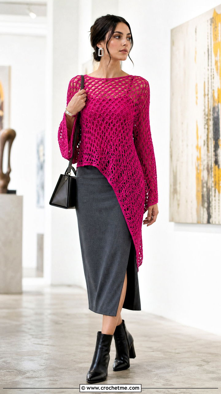 Asymmetric Hem Crochet Blouse With Straight Midi Skirt - 35 crochet blouse outfit ideas