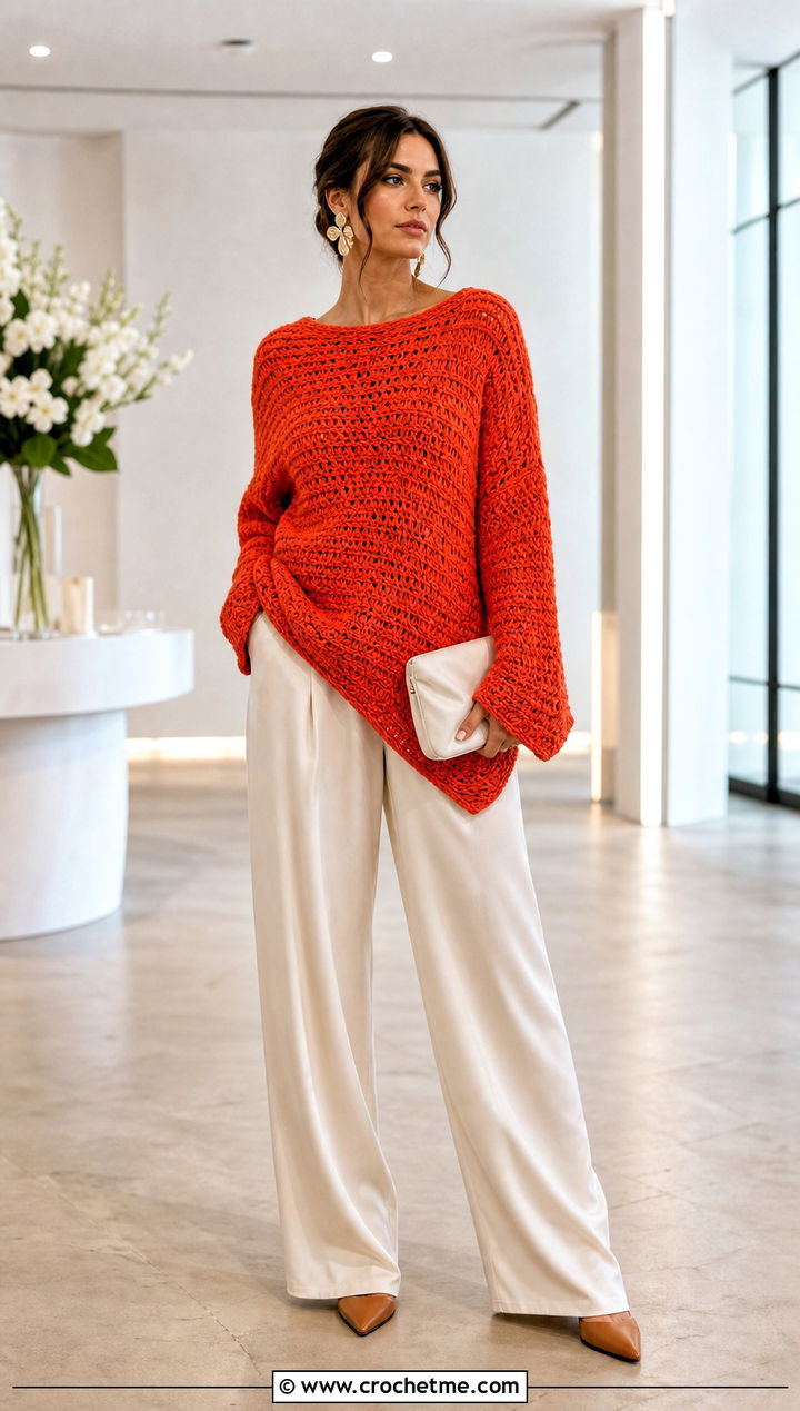 Asymmetric Hem Crochet Bulky Sweater With Satin Pants - 25 Crochet Bulky Sweater outfit ideas