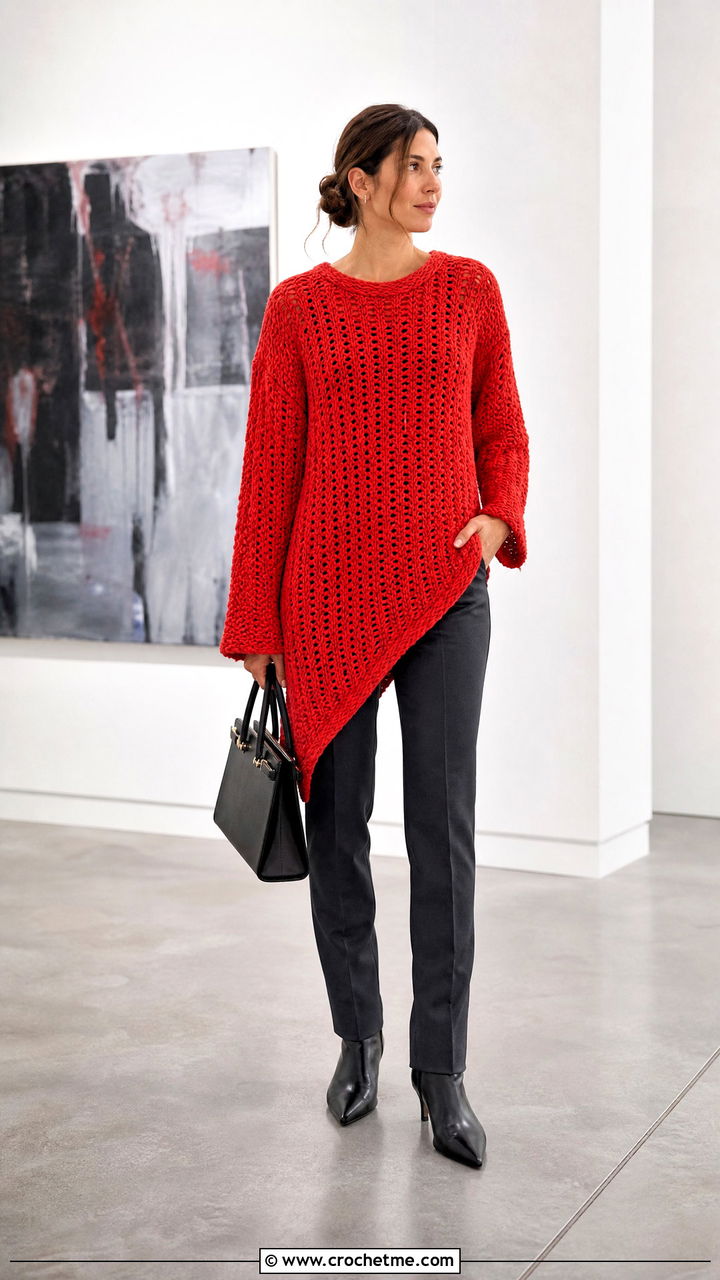 Asymmetric Hem Crochet Chunky Sweater With Slim Pants - 35 crochet chunky sweater outfit ideas