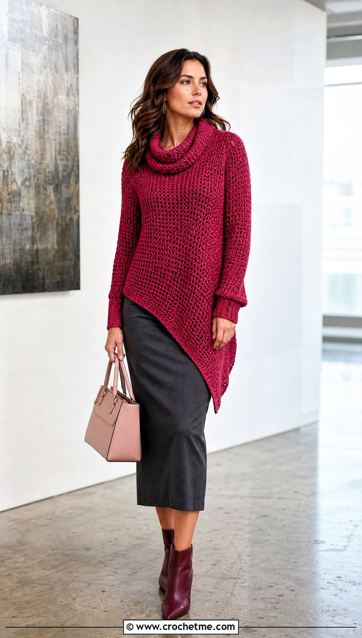 Asymmetric Hem Crochet Cowl Neck Sweater With Pencil Skirt - 25 Crochet Cowl Neck Sweater outfit ideas
