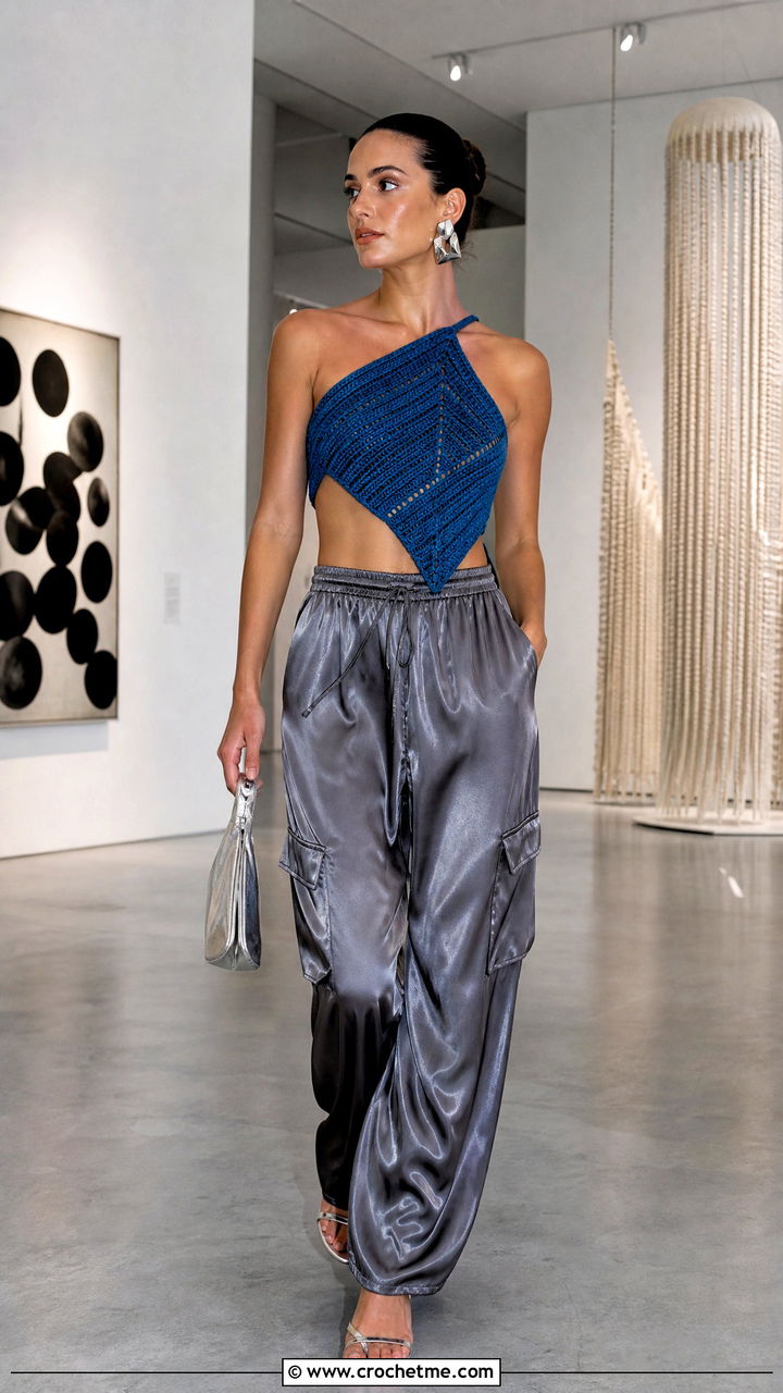 Asymmetric Hem Crochet Crop Top With Satin Cargo Pants - 35 crochet crop top outfit ideas