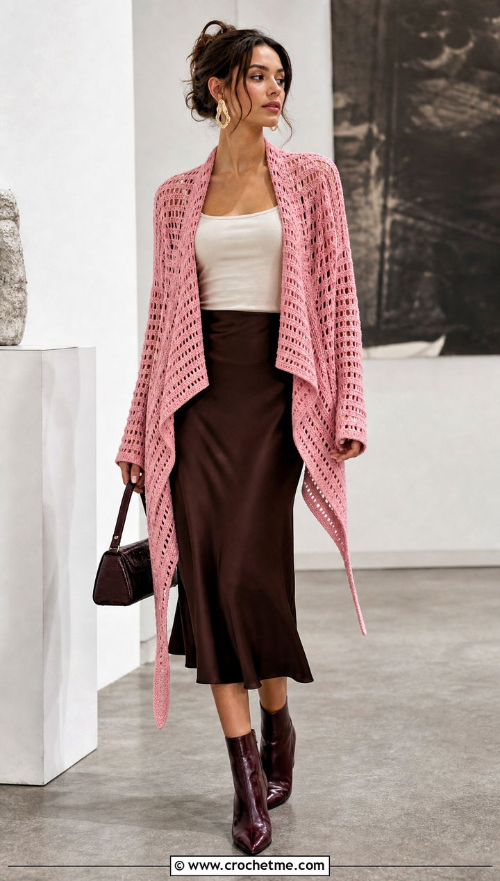 Asymmetric Hem Crochet Drape Cardigan With Satin Midi Skirt - 15 Crochet Drape Cardigan outfit ideas