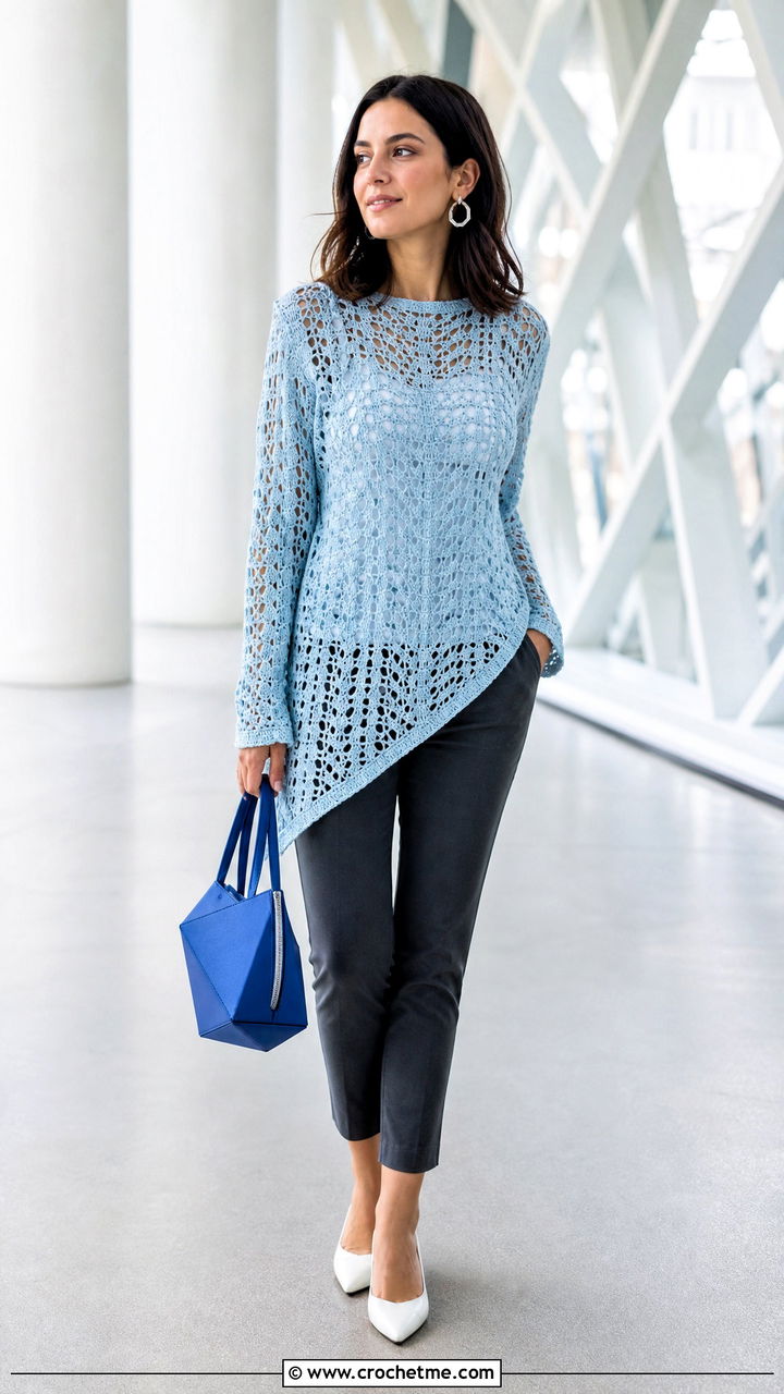Asymmetric Hem Crochet Full Sleeve Top With Slim Pants - 35 crochet full sleeve top outfit ideas
