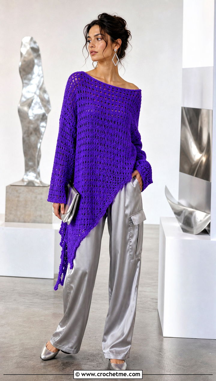 Asymmetric Hem Crochet Jumper With Satin Cargo Pants - 35 easy crochet jumper outfit ideas