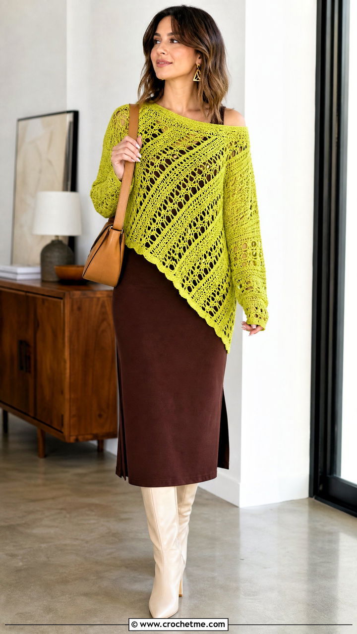 Asymmetric Hem Crochet Lace Sweater With Midi Dress - 35 crochet lace sweater outfit ideas