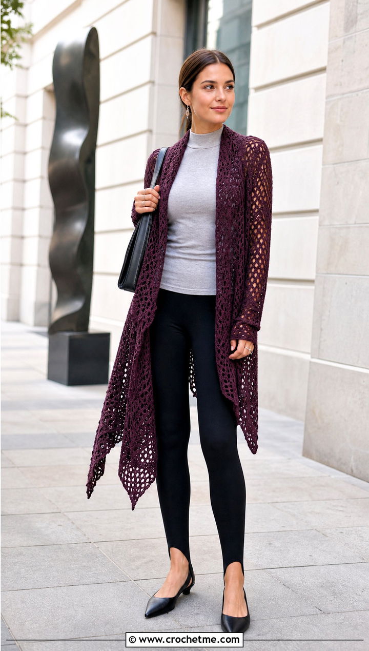 Asymmetric Hem Crochet Mesh Cardigan With Stirrup Leggings - 35 crochet mesh cardigan outfit ideas