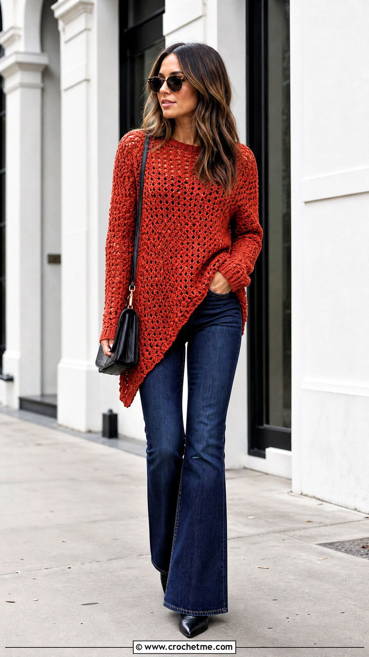 Asymmetric Hem Crochet Sweater With Bootcut Jeans - 35 fall crochet sweater outfit ideas