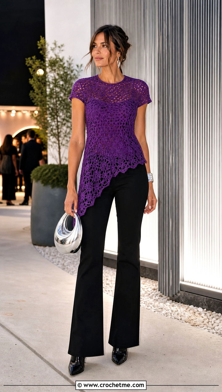 Asymmetric Hem Crochet T Shirt With Slim Flare Pants - 35 crochet t shirt outfit ideas
