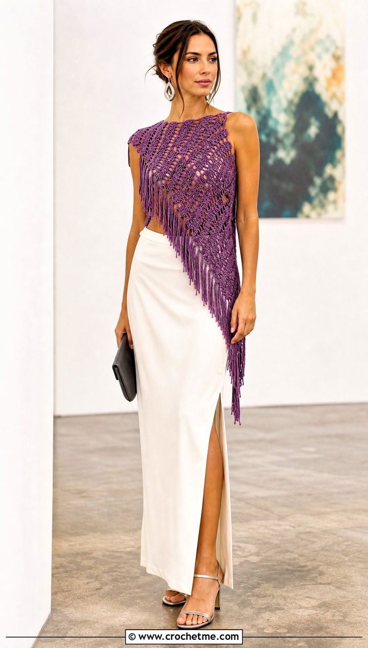 Asymmetric Hem Crochet Top With Column Skirt - 25 Boho Crochet Summer Tops outfit ideas