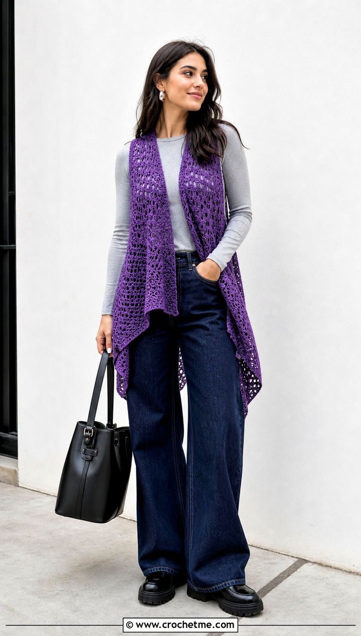 Asymmetric Hem Crochet Vest With Wide Leg Jeans - 15 modern crochet vest outfit ideas