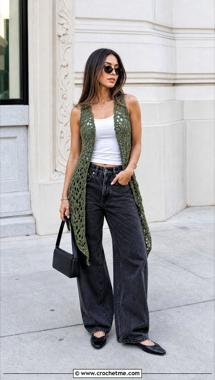 Asymmetric Hem Crochet Waistcoat With Barrel Jeans - 35 crochet waist coat outfit ideas