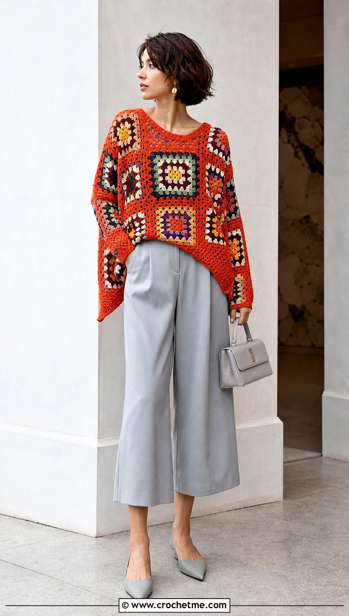 Asymmetric Hem Granny Square Jumper With Culottes - 35 granny square jumper outfit ideas