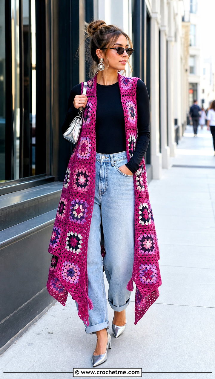 Asymmetric Hem Granny Square Long Vest With Barrel Jeans And Bodysuit - 20 Granny Square Long Vest outfit ideas