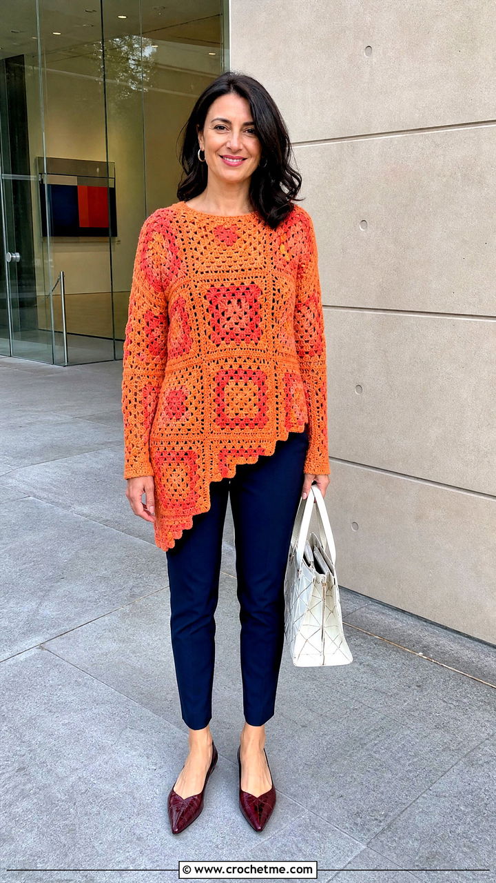 Asymmetric Hem Granny Square Sweater With Slim Pants - 35 crochet granny square sweater outfit ideas