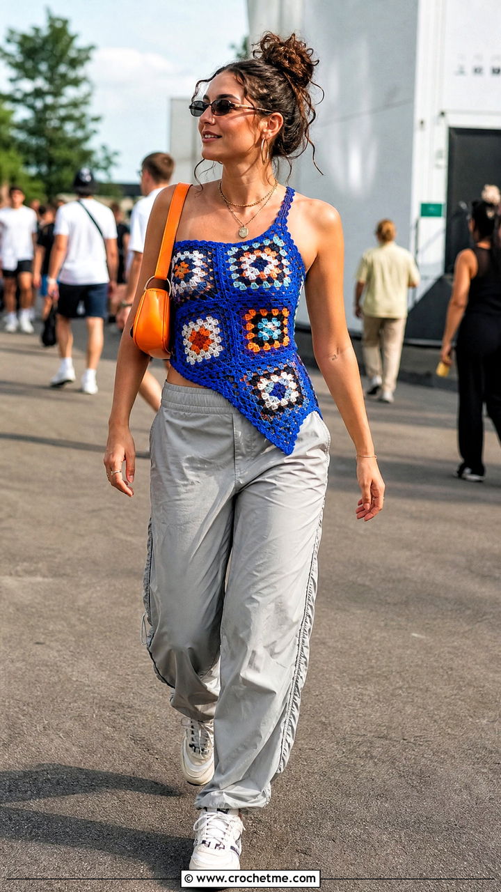 Asymmetric Hem Granny Square Top With Parachute Pants - 35 granny square summer top outfit ideas