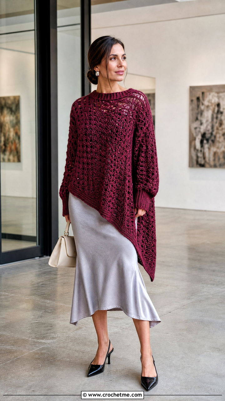 Asymmetric Hem Oversized Crochet Sweater With Bias Midi Skirt - 35 oversized crochet sweater outfit ideas