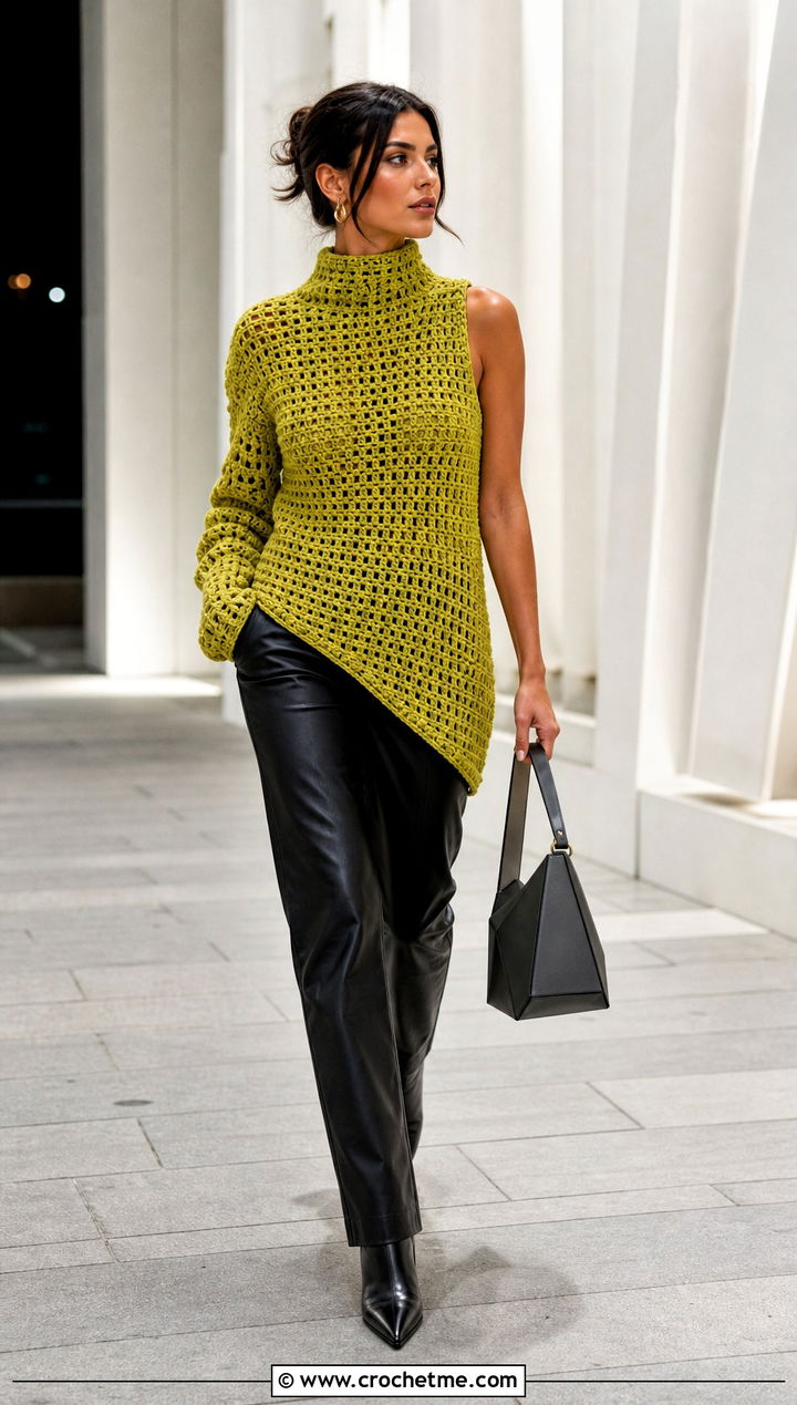Asymmetric High Neck Crochet Sweater With Coated Jeans - 30 crochet high neck sweater outfit ideas