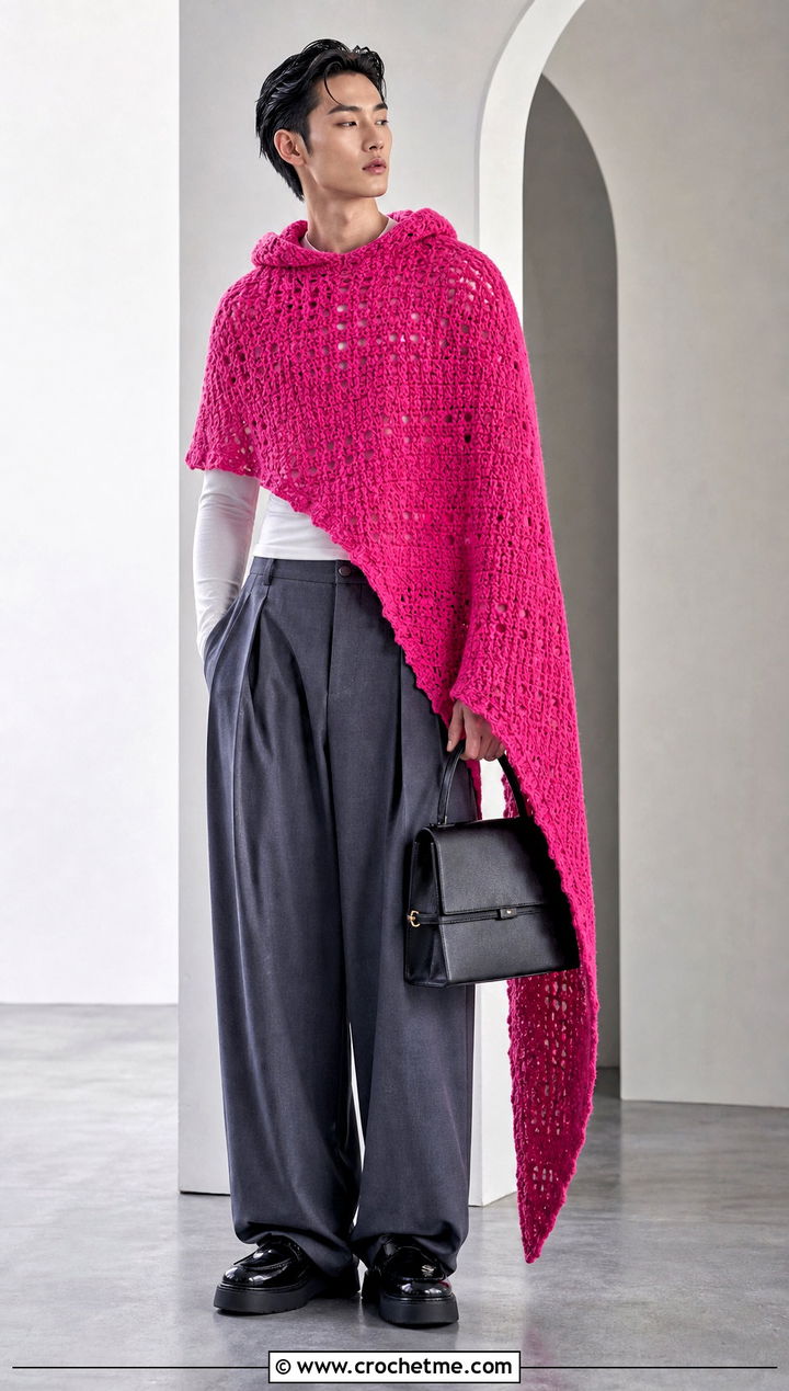 Asymmetric Hooded Crochet Poncho With Wide Leg Trousers - 15 mens hooded crochet poncho outfit ideas