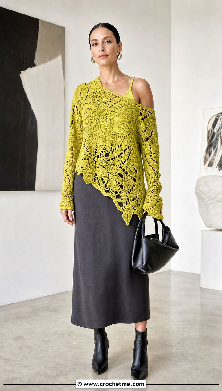 Asymmetric Leaf Crochet Sweater With Column Skirt - 25 crochet leaf sweater outfit ideas