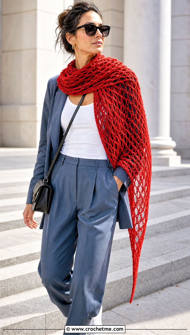 Asymmetric Mesh Crochet Scarf With Suit And Sneakers - 25 Mesh Crochet Scarf outfit ideas