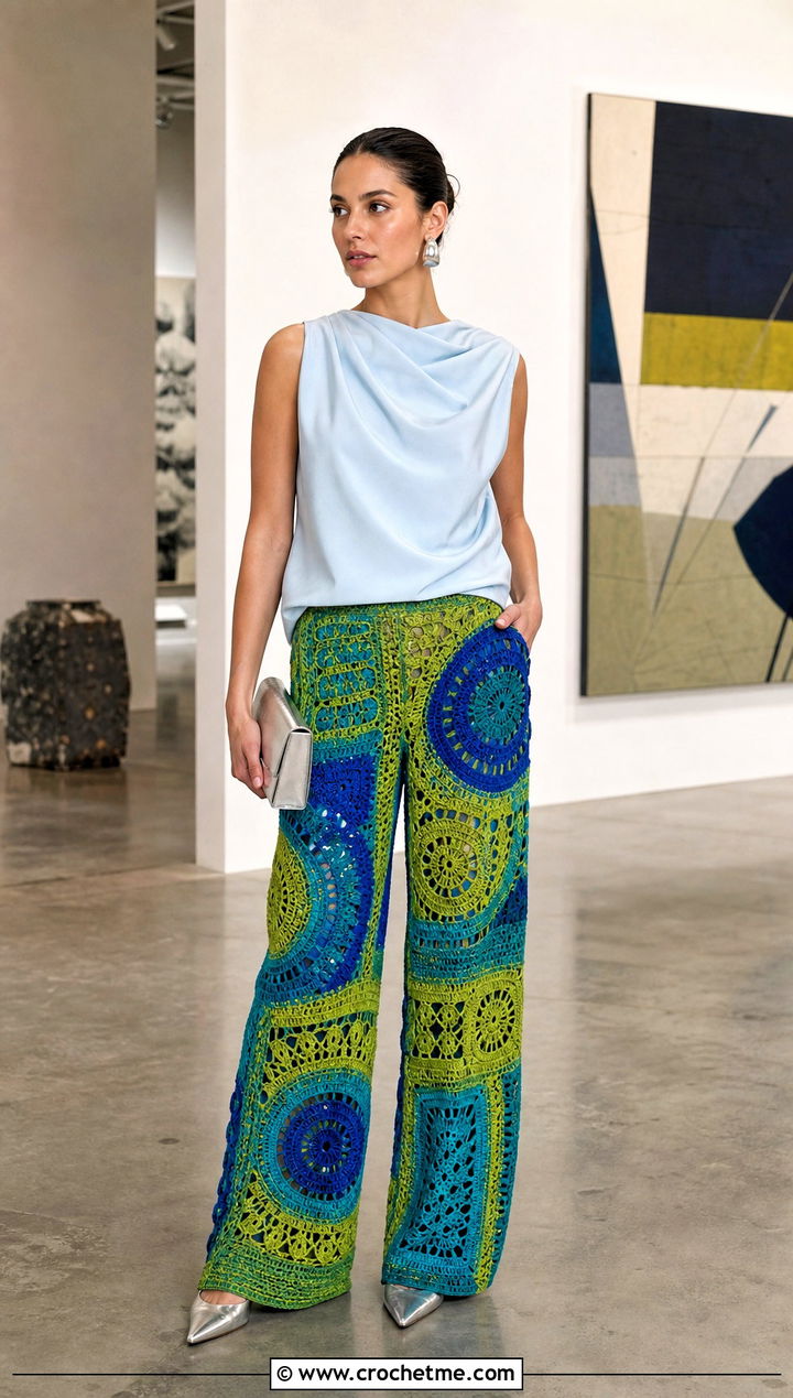 Asymmetric Motif Crochet Palazzo Pants With Draped Blouse - 30 crochet palazzo pants outfit ideas