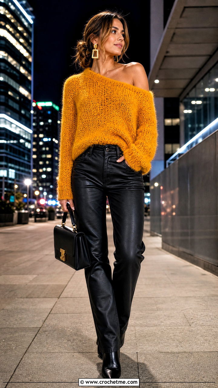 Asymmetric Neck Crochet Fluffy Sweater With Coated Jeans - 35 crochet fluffy sweater outfit ideas