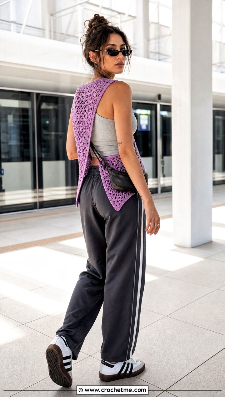 Asymmetric Open Back Crochet Vest With Track Pants - 15 crochet open back vest outfit ideas