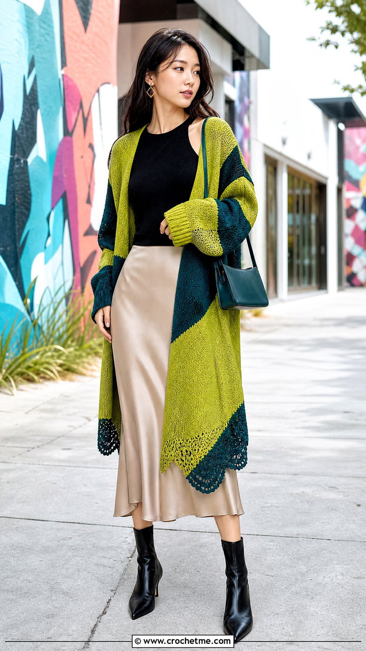 Asymmetric Patchwork Cardigan With Bias Cut Skirt - 35 crochet patchwork cardigan outfit ideas