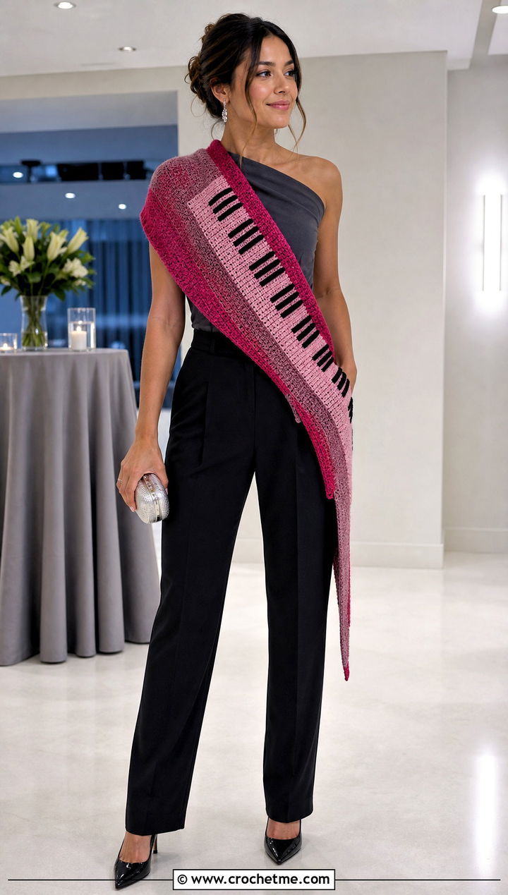 Asymmetric Piano Scarf With One Shoulder Top - 35 crochet piano scarf outfit ideas