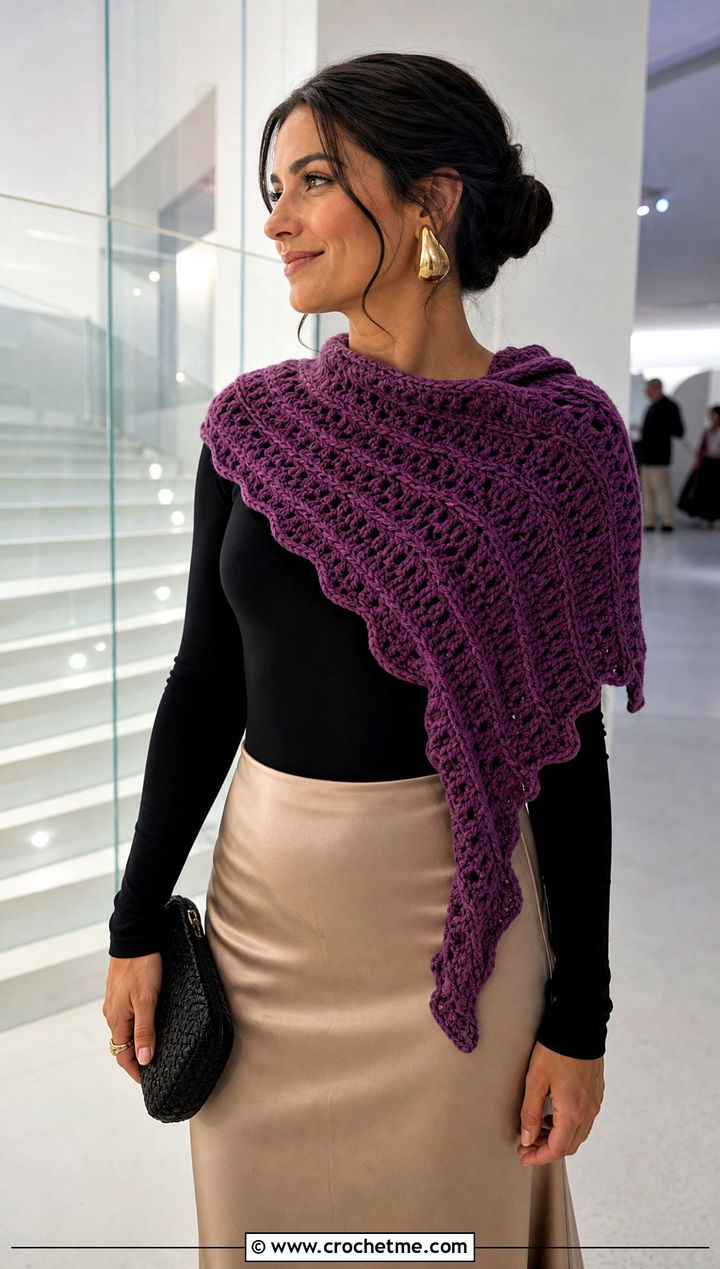 Asymmetric Ripple Stitch Crochet Scarf With Satin Skirt - 15 ripple stitch crochet scarf outfit ideas