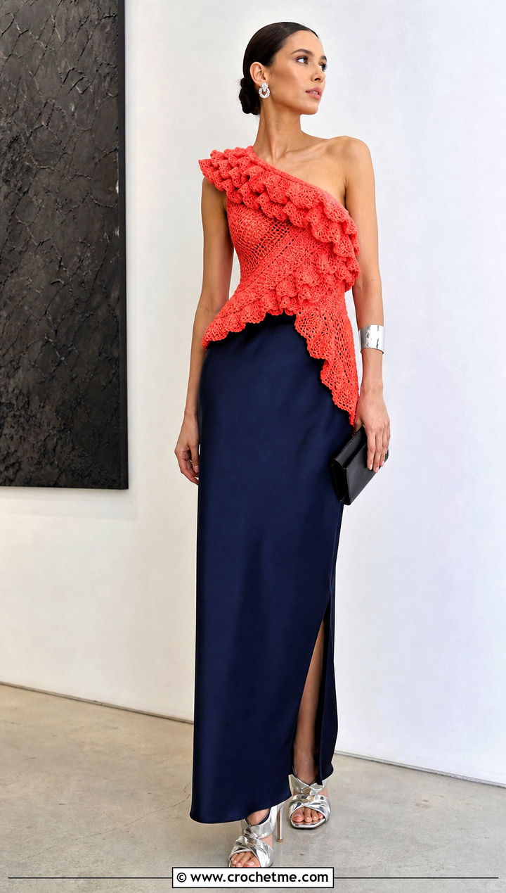 Asymmetric Ruffle Crochet Top With Column Skirt - 35 crochet top with ruffles outfit ideas