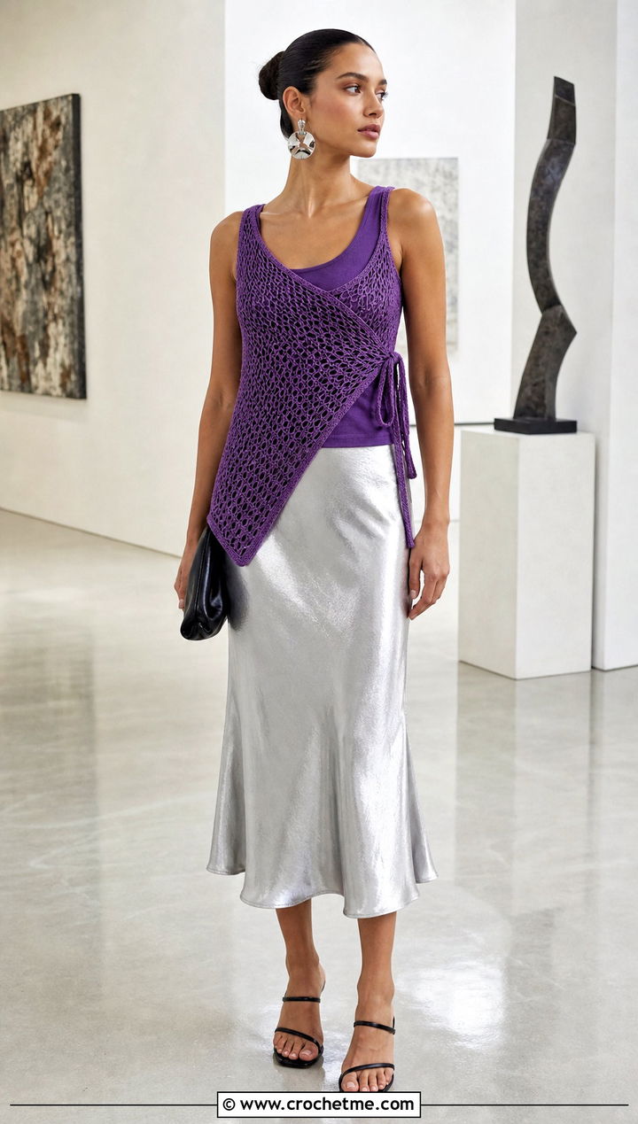 Asymmetric Side Tie Crochet Vest With Bias Cut Skirt - 30 crochet vest tie sides outfit ideas
