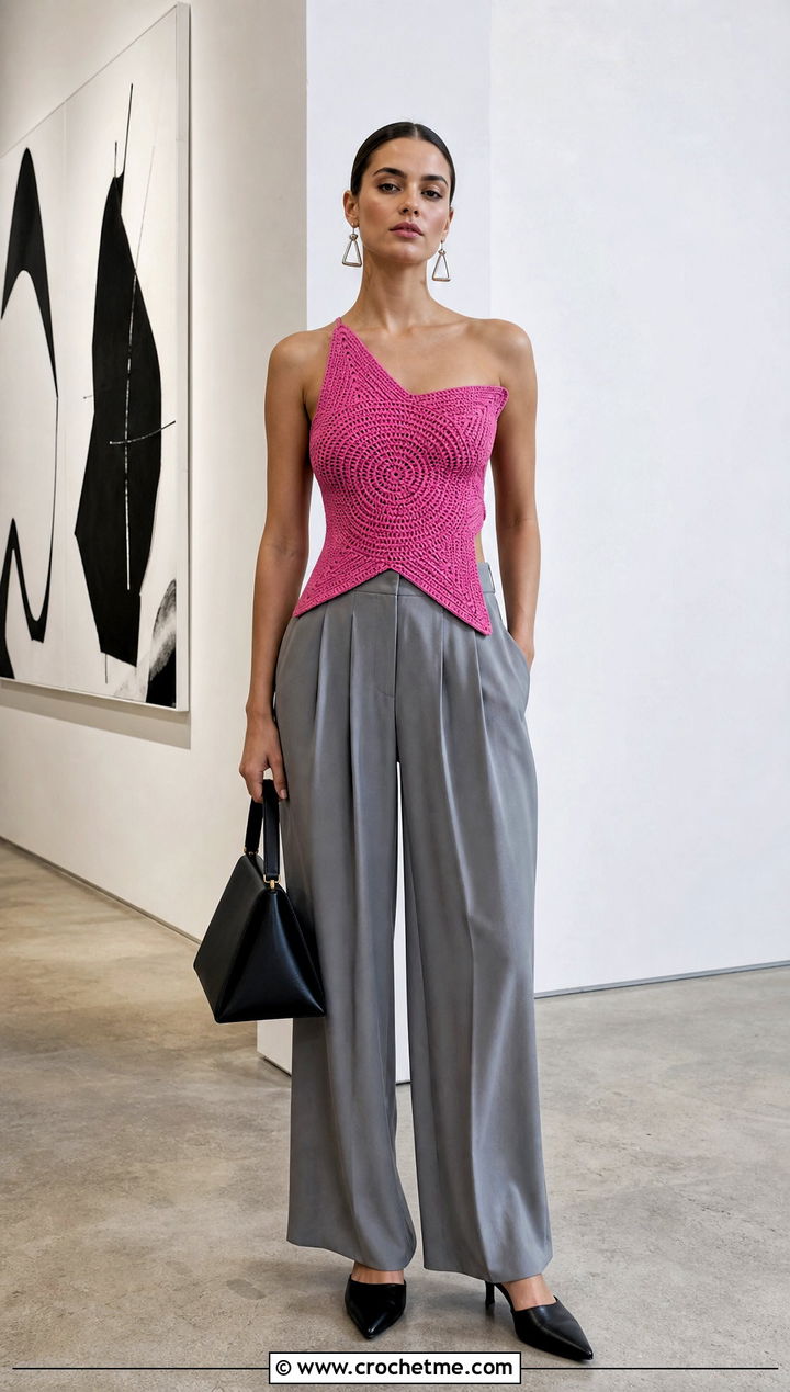 Asymmetric Star Crochet Tank Top With Pleated Trousers - 25 Star Crochet Tank Top outfit ideas