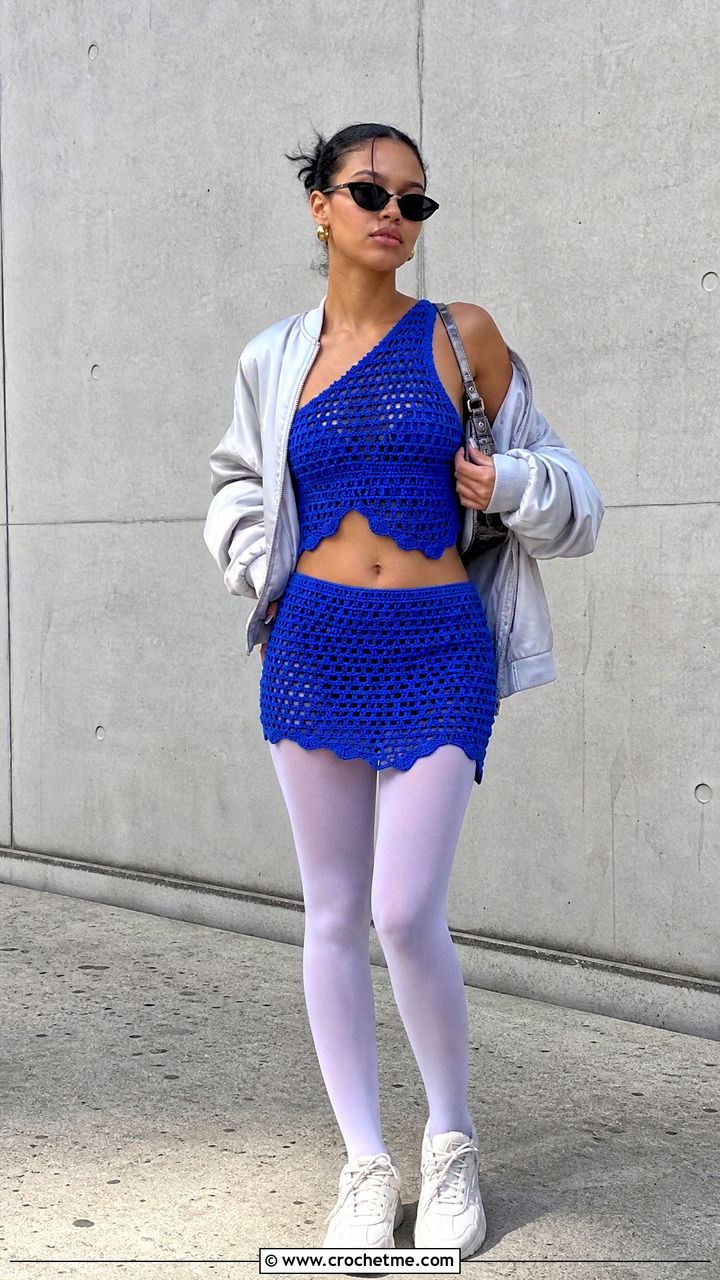Asymmetric Top And Mini Skirt Set With Bomber Jacket - 35 crochet skirt and top set outfit ideas
