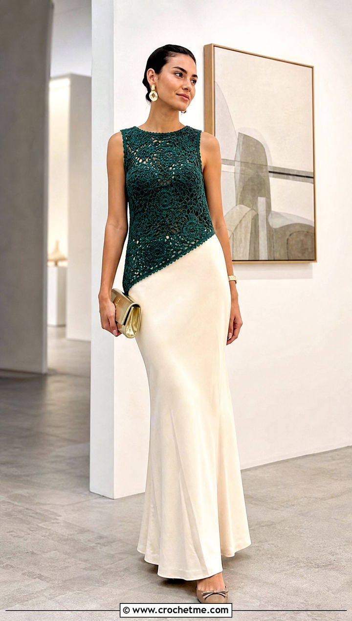 Asymmetric Tulip Crochet Top With Tailored Maxi Skirt - 30 crochet tulip top outfit ideas