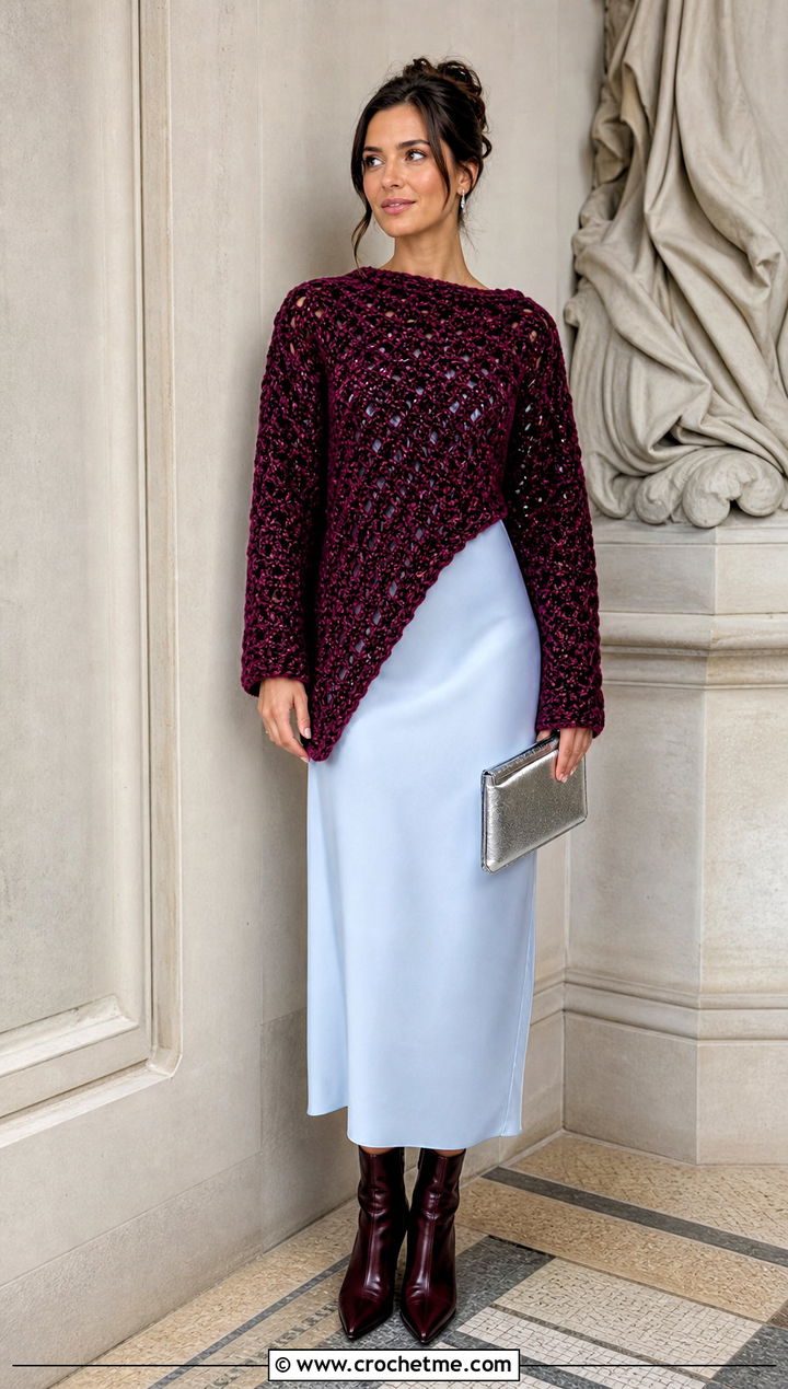 Asymmetric Velvet Crochet Sweater With Midi Dress - 30 velvet crochet sweater outfit ideas