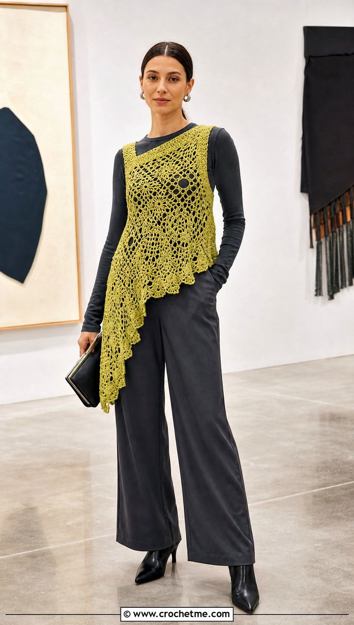 Asymmetric Vintage Crochet Vest With Monochrome Separates - 25 Vintage Crochet Vest outfit ideas