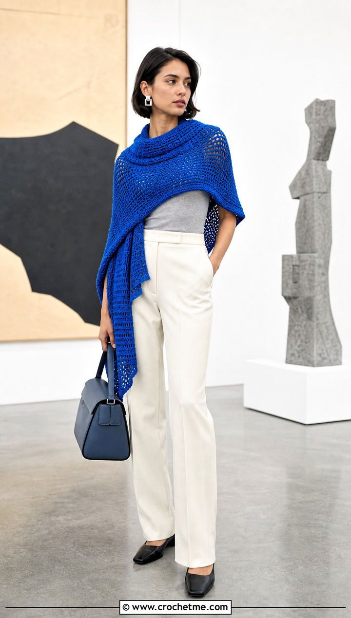 Asymmetric Wrap Around Shrug With Straight Leg Trousers - 25 crochet wrap around shrug with sleeves outfit ideas