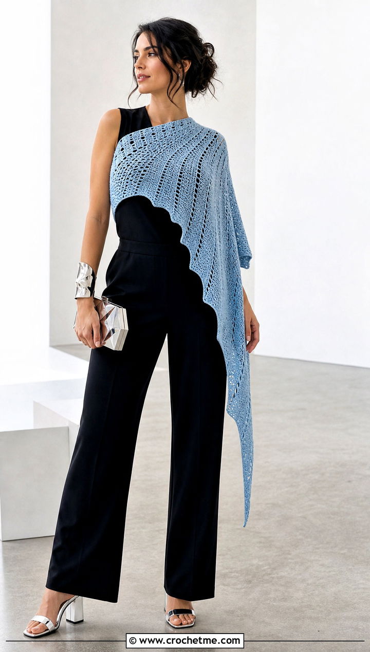Asymmetrical Bat Wing Crochet Shawl With Jumpsuit - 25 bat wing crochet shawl outfit ideas